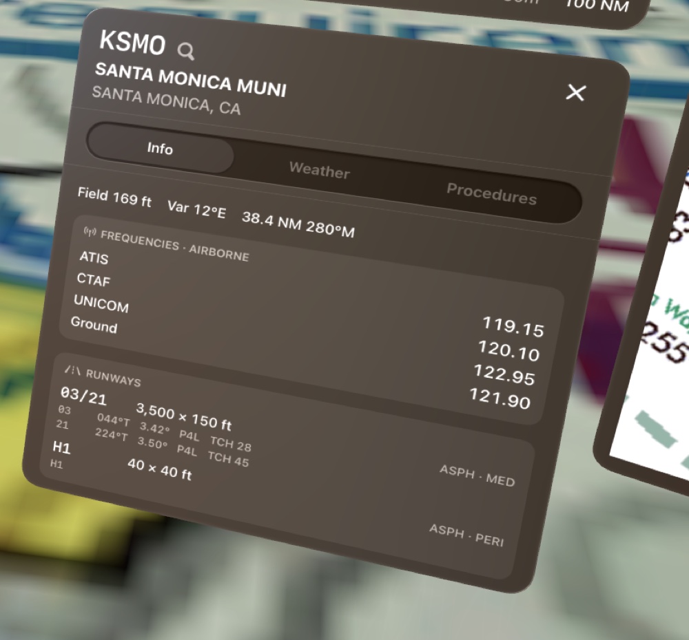 Airport detail for KSMO Santa Monica on the Info tab: field elevation and variation, range and bearing, then airborne frequencies, runways 03/21 and H1, and surfaces, each in a recessed card.