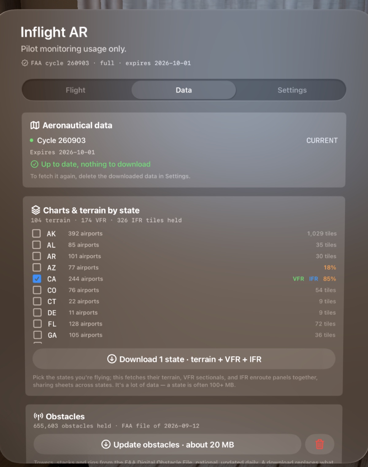 The pre-flight Data tab: aeronautical data current for cycle 260903, the Charts and terrain by state list with California selected and its VFR, IFR and terrain coverage shown, a Download 1 state button, and the Obstacles section.