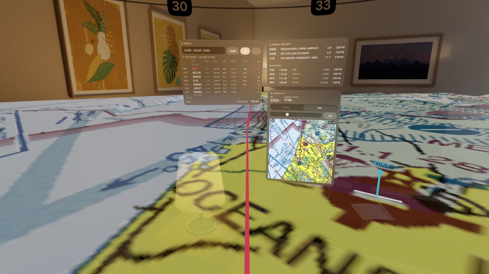 A Vision Pro cockpit view: a VFR sectional draped across the floor as 3-D terrain, with the route, nearby airports and the moving map floating ahead and the compass crown overhead.