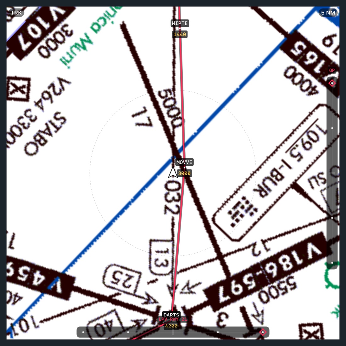 The moving map on the IFR low chart at 5 NM on the RNAV 21 final into Santa Monica: DARTS 4200, MOVVE 3000 and MIPTE 1440 labelled along the magenta final, with the LPV course tape along the bottom and the glidepath tape up the right edge.