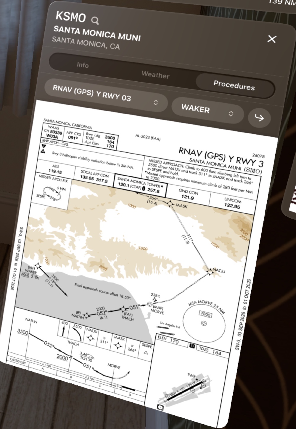 The airport window for Santa Monica on the Procedures tab: a row with RNAV (GPS) Y RWY 03, the WAKER transition and a load arrow, above the full approach plate.