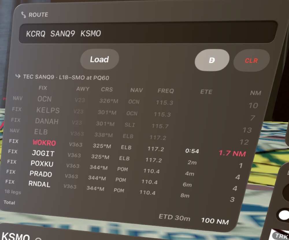 The route panel: KCRQ SANQ9 KSMO in the entry box on its own row, Load, Direct and CLR beneath it, and the route expanded into legs with FIX, AWY, CRS, NAV, FREQ, ETE and NM columns, the active leg in magenta.