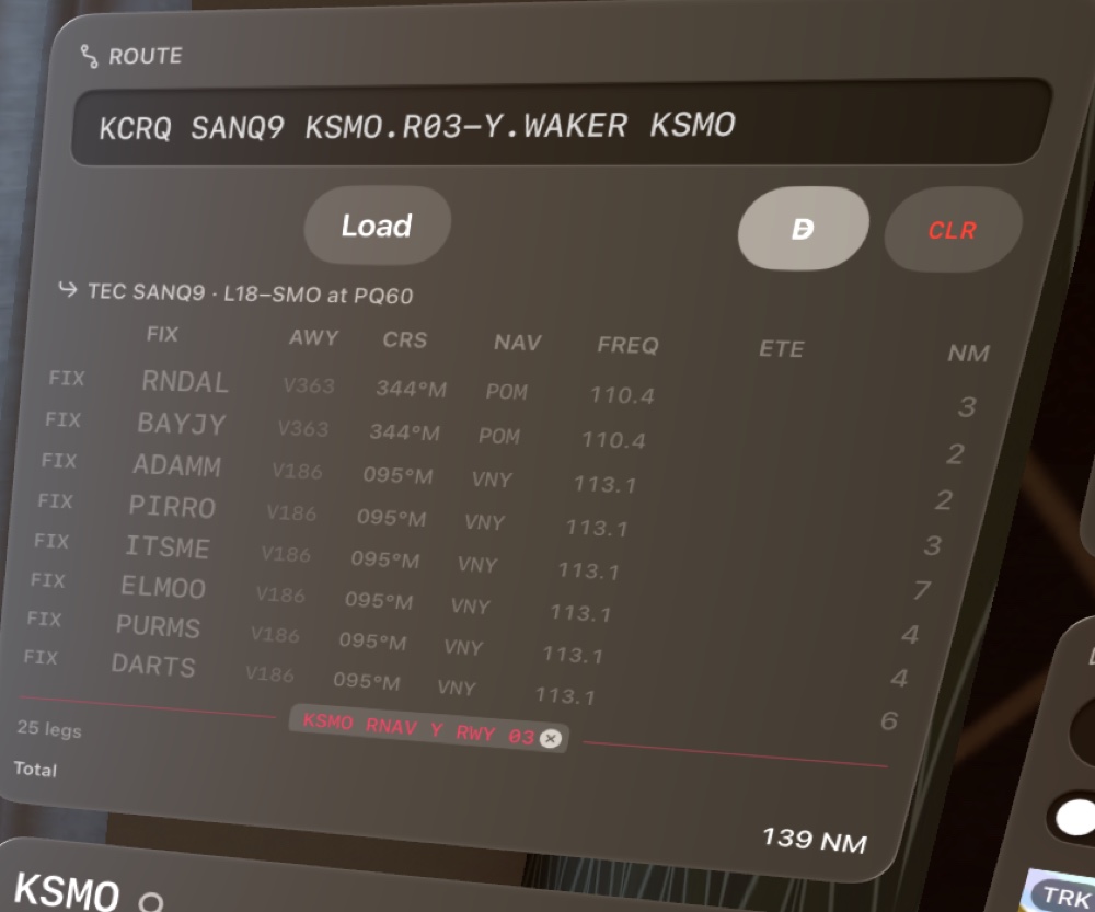 The route panel reading KCRQ SANQ9 KSMO.R03-Y.WAKER KSMO, the legs of the SANQ9 route above a magenta separator labelled KSMO RNAV Y RWY 03 that heads the approach fixes, 25 legs in all.